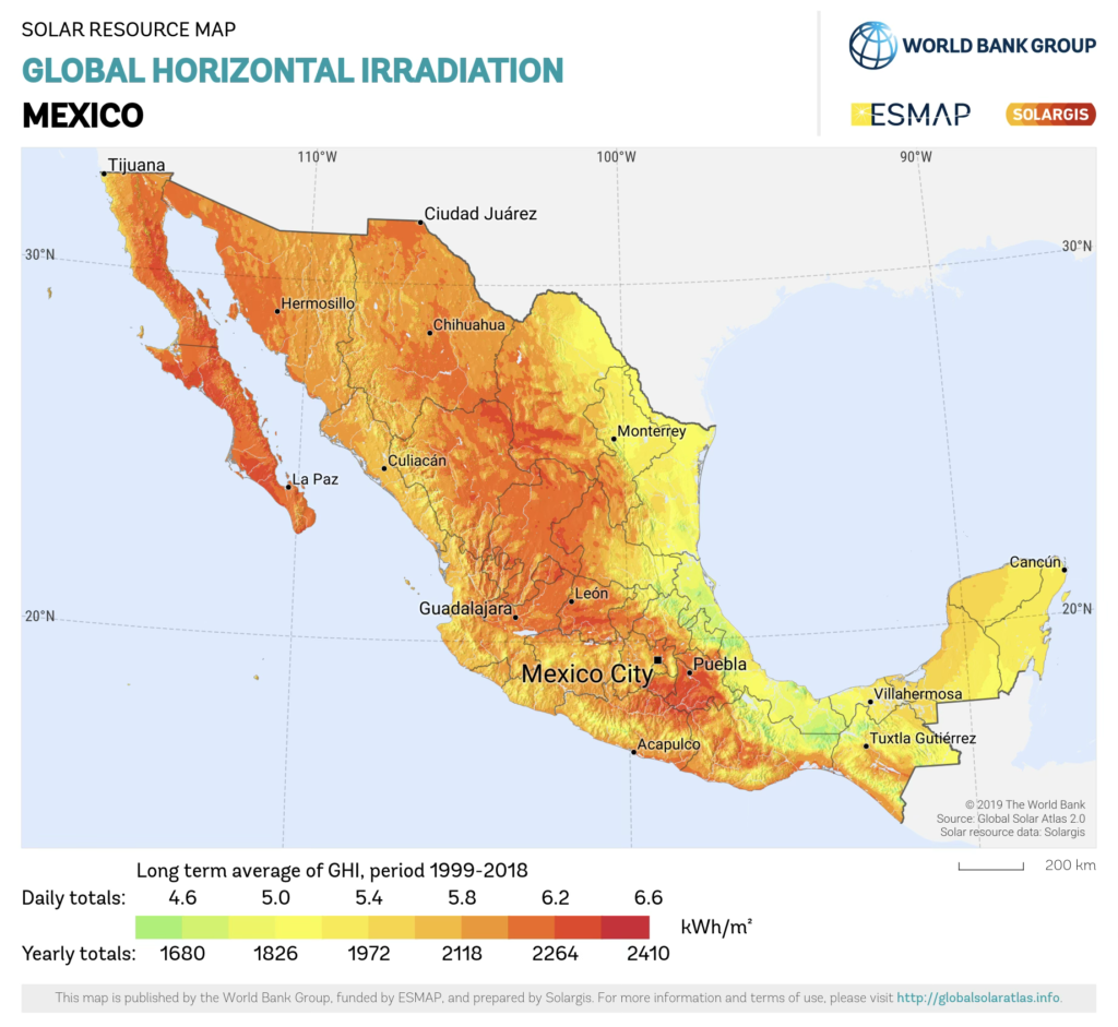 Imagen 1. Mapa irradiación solar en México